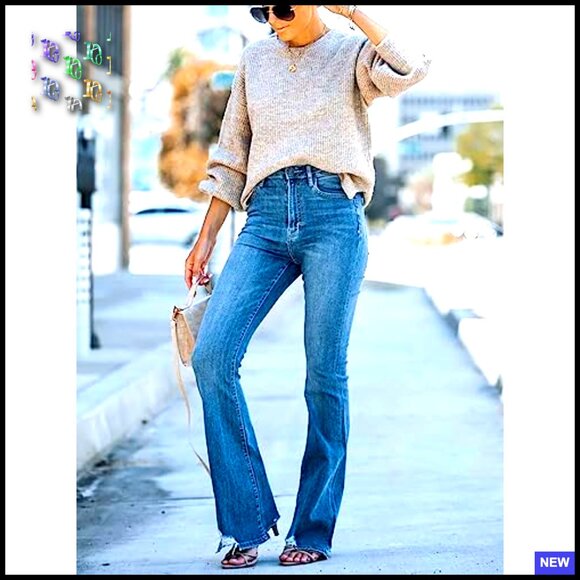 Flare Bell Bottom Jeans High Waisted Wide Leg Bootcut Stretchy Distressed Denim - Picture 5 of 6